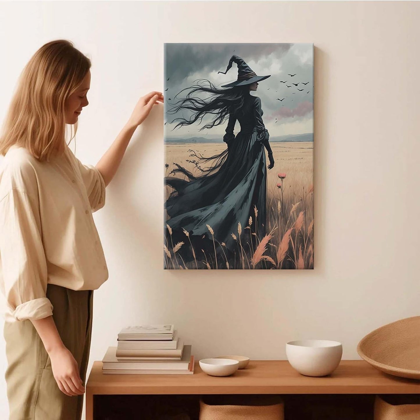 JFHCQJPK Gothic Decor Canvas Wall Art Witch in Rice Field Halloween Art Decor Print Nature Print Victorian Home Bedroom32x48in Frameless