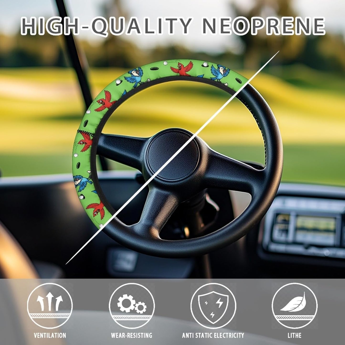 Bird Golf Cart Steering Wheel Covers Golf Ball Golf Cart Steering Wheel Cover for Women Men Elastic Golf Cart Accessories Decor, Green