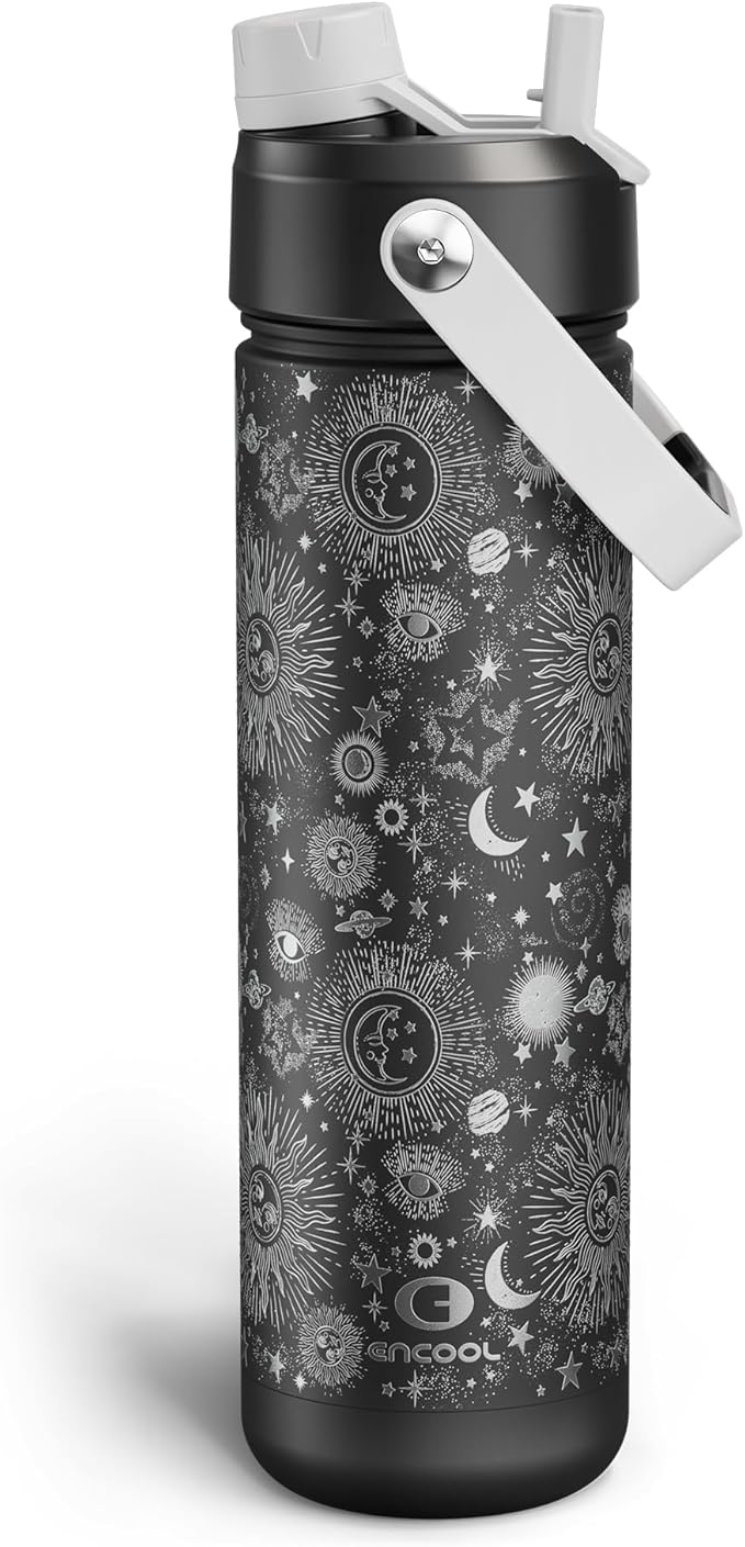 ENCOOL Insulated Water Bottle with Straw Stainless Steel Water Bottle, Leak-Proof, BPA-Free, Double Wall Vacuum Keeps Cold for 24 Hours for Sports, Travel, School (26 oz, Stellar Glow)