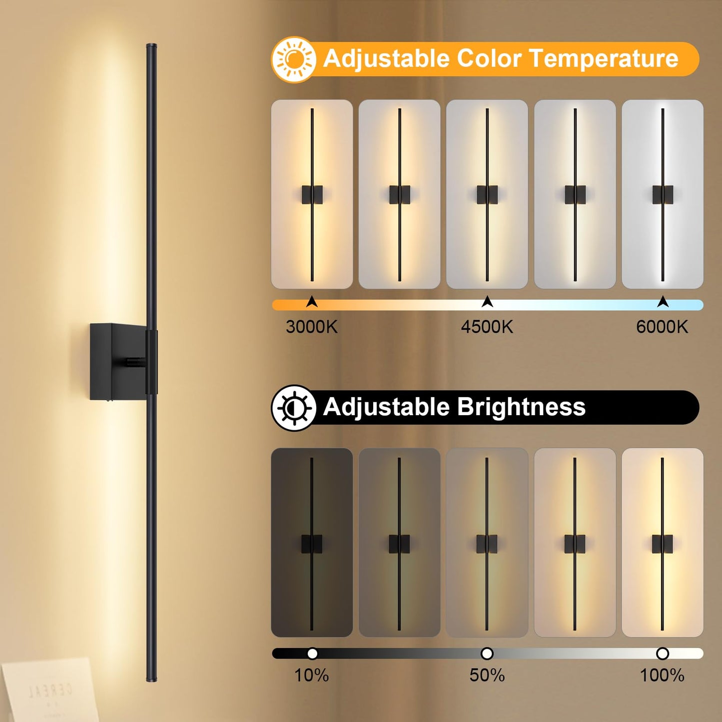 JZEKVN Wall Sconces Set of Two, 39.4in Dimmable Black LED Lights, Battery Operated, 350° Rotation, Model 20241114002