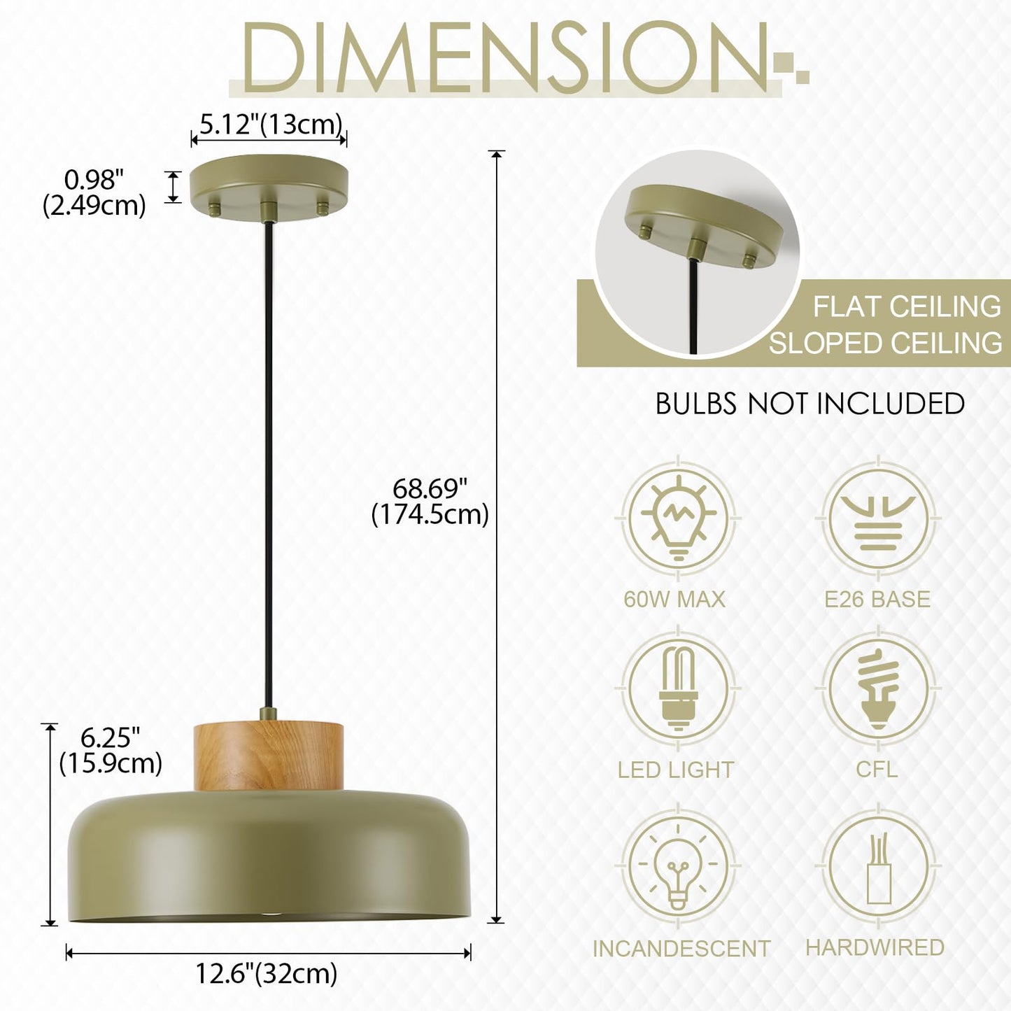 Modern Pendant Lights 12.6 Inch Naturl Wood Adjustable Simple Pendant Lighting For Kitchen  Dining Room  Olive Green