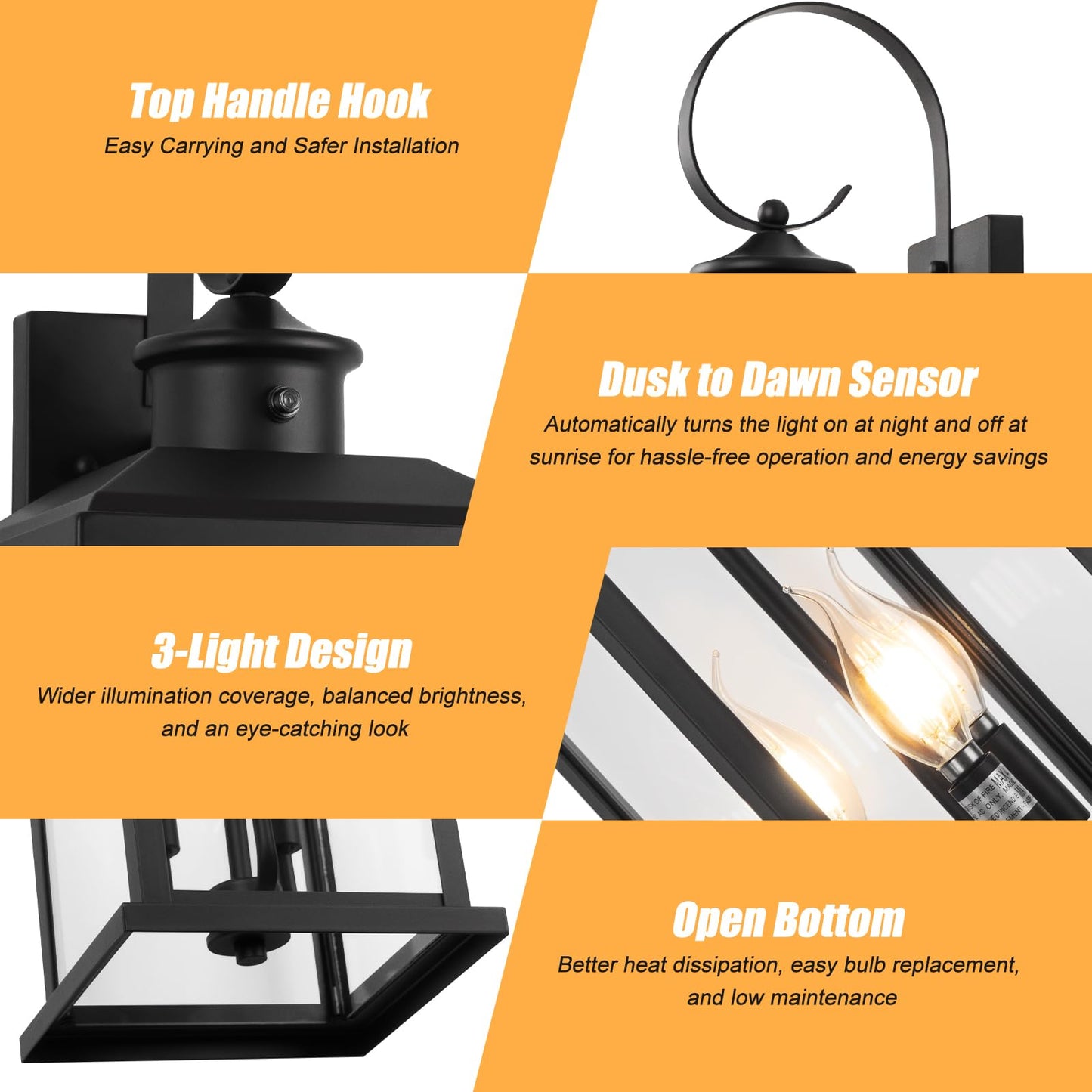 Siafavoi 24 Dusk To Dawn Porch Lights Outdoor 3-Light  Black Modern Large Wall Light Fixture Lantern  Waterproof Exterior Lighting Sconce Wall Mount  Outside Lamp For Farmhouse Doorway Patio E12