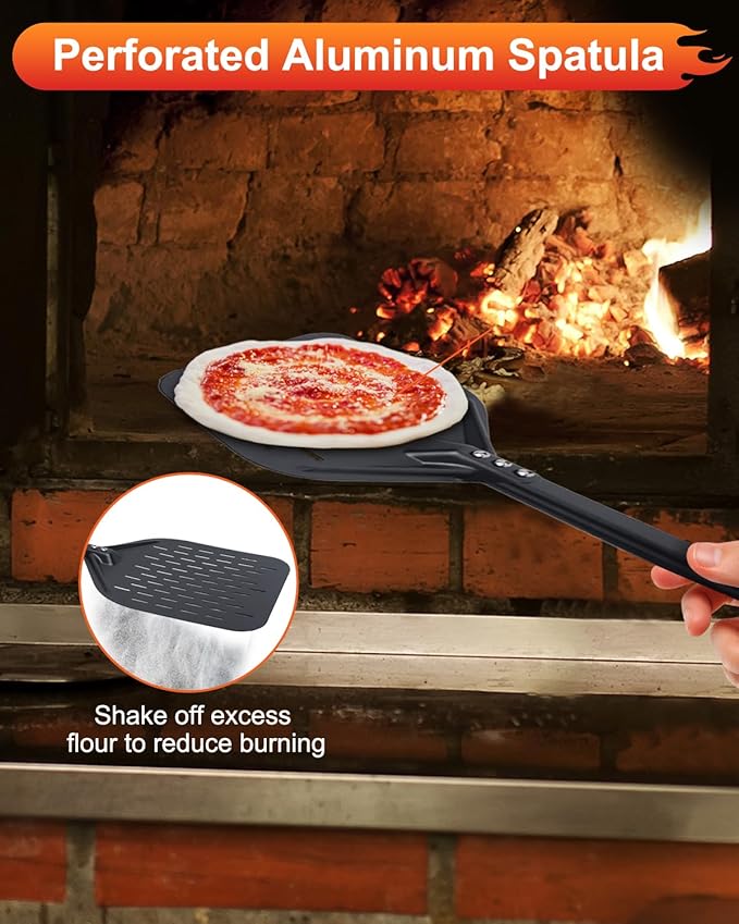 4PCS Perforated Pizza Peel 9&12 Inch, Heat-Resistant Oven Mitts, Bubble Spinner Turning Fork Pizza Peel Oven Tool Kit with 40 Inch Aluminum Handle for Home & Outdoor Pizza Ovens