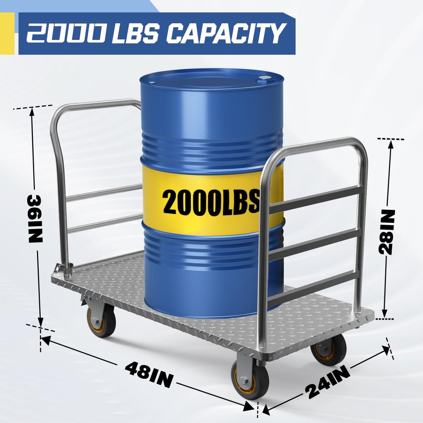 Platform Truck Cart with Detachable Baffle Guardrail,Heavy Duty 48x24 Inch Flatbed Cart with 2000 LBS Weight Capacity and 6In Swivel Caster Transporting Heavy Loads and Barrel with Ease & Efficiency