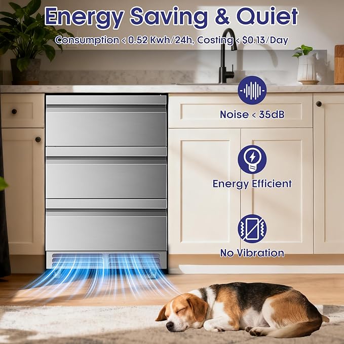 Outdoor 3 Drawers Beverage Refrigerator, 190 Cans 24'' Beverage Fridge with Wheels, Waterproof, All Stainless Steel, Undercounter or Freestanding, 37-64°f, Drink Fridge for Home, Patio & Commercial