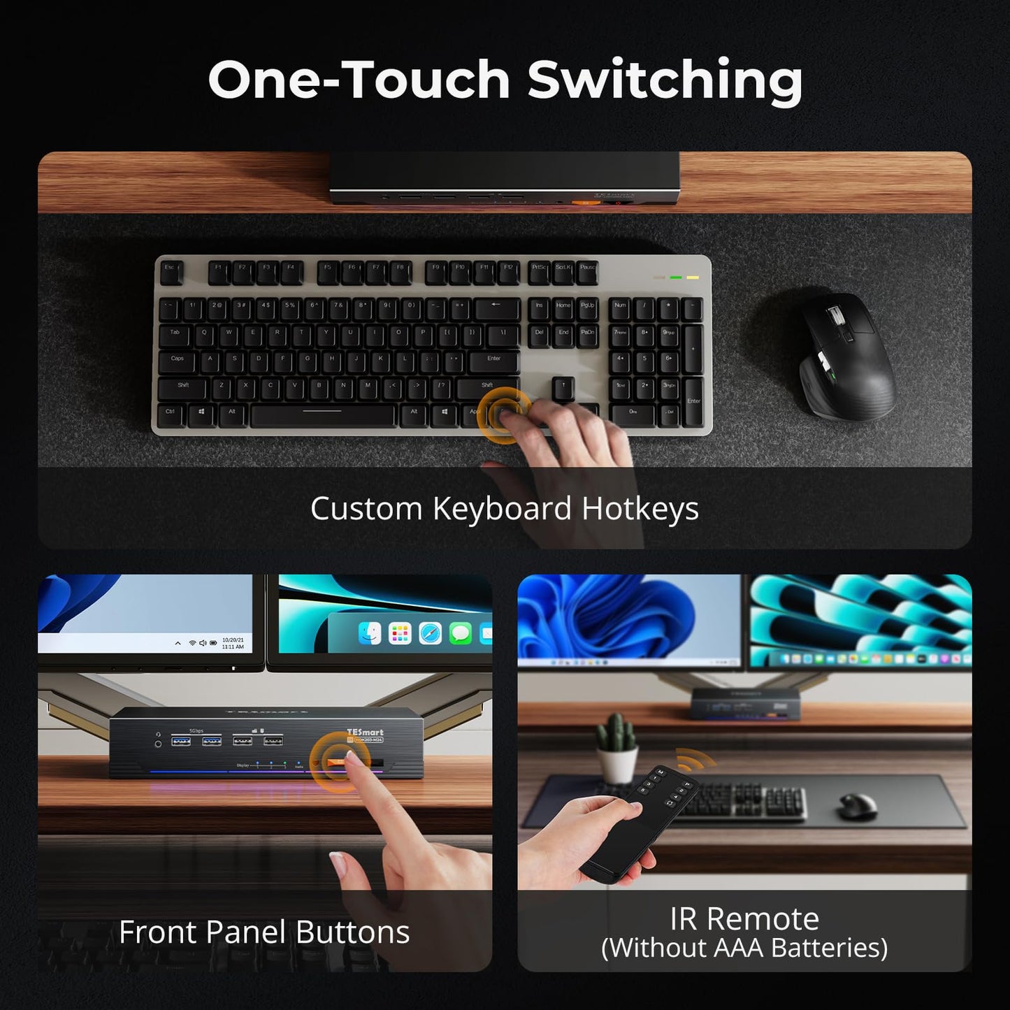 TESmart 4K@144Hz Displayport + HDMI KVM Switch 3 Monitors 2 Computers USB 3.0, HDMI 2.1&DP 1.4 KVM Switch Triple Monitors 8K@60Hz Gaming, Support EDID, Gigabit Network, VRR, All Input Cables Included