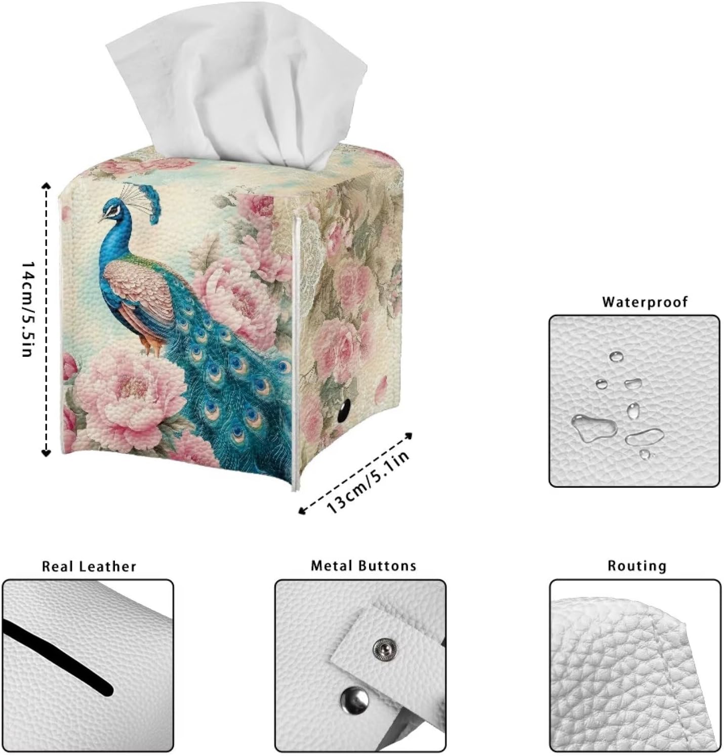 Peacock Tissue Box Cover Cube Leather Tissue Box Holder Waterproof Facial Paper Organizer 5x5x5 inch Mordern Home Decor Accessories for Bedroom Living Room