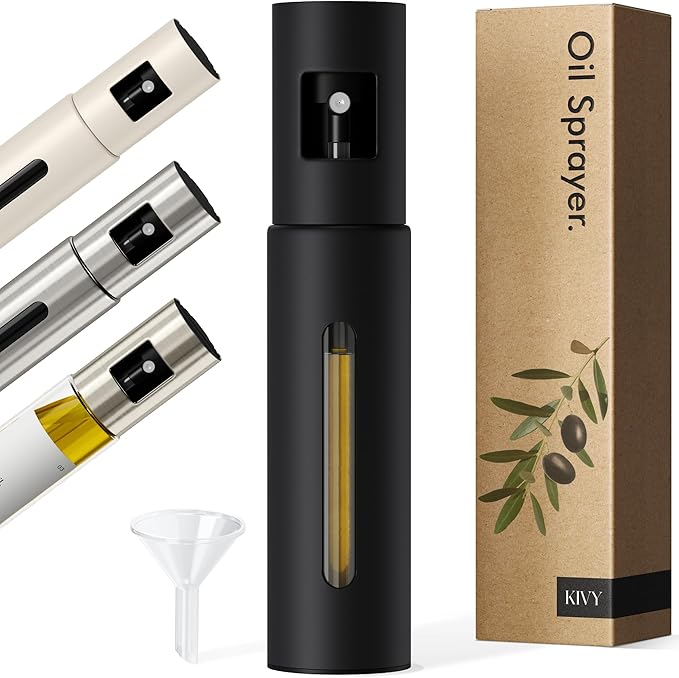 KIVY Glass Oil Sprayer for Cooking– Precise Oil & Vinegar Spray Bottle Oil Mister Spray Bottle for Food – Includes Funnel – Perfect for Cooking & Air Fryer - Stainless Steel Sprayer