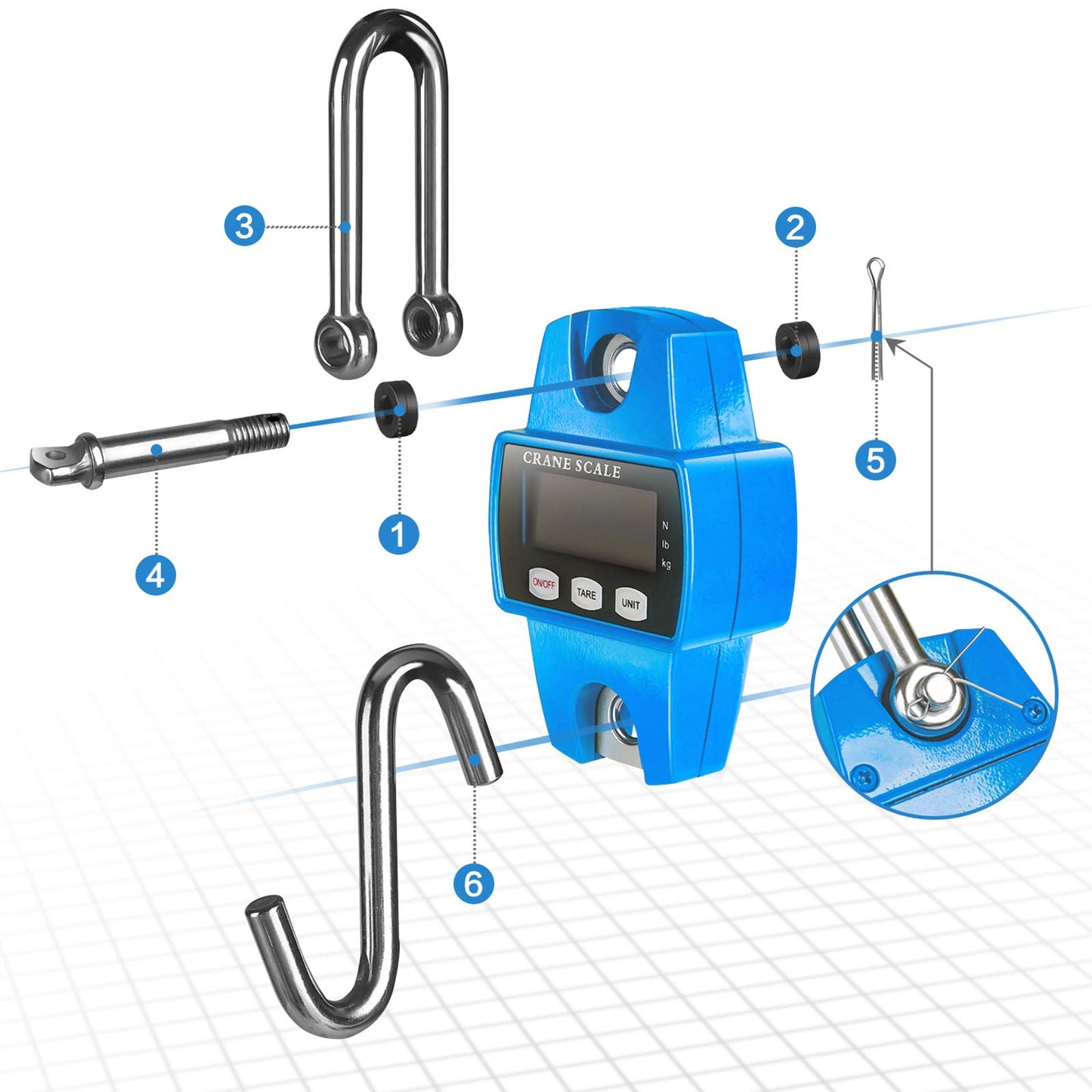 RoMech 660lb Digital Hanging Scale with Cast Aluminum Case, Handheld 300Kg Mini Crane Scale with Hooks for Farm Hunting Fishing Outdoor (Blue)