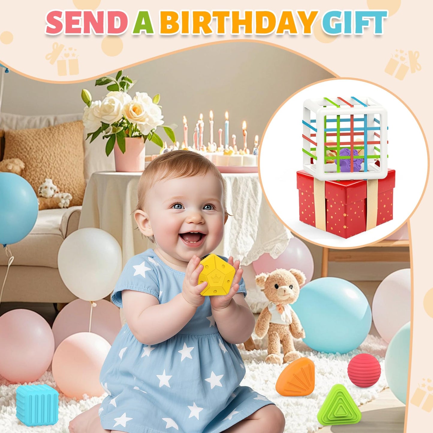 MINGKIDS Montessori Toys for 1 Year Old, 6 Pc Multi Sensory Shape, Toddler Developmental Learning Birthday Gifts, Baby Toys 12 Month
