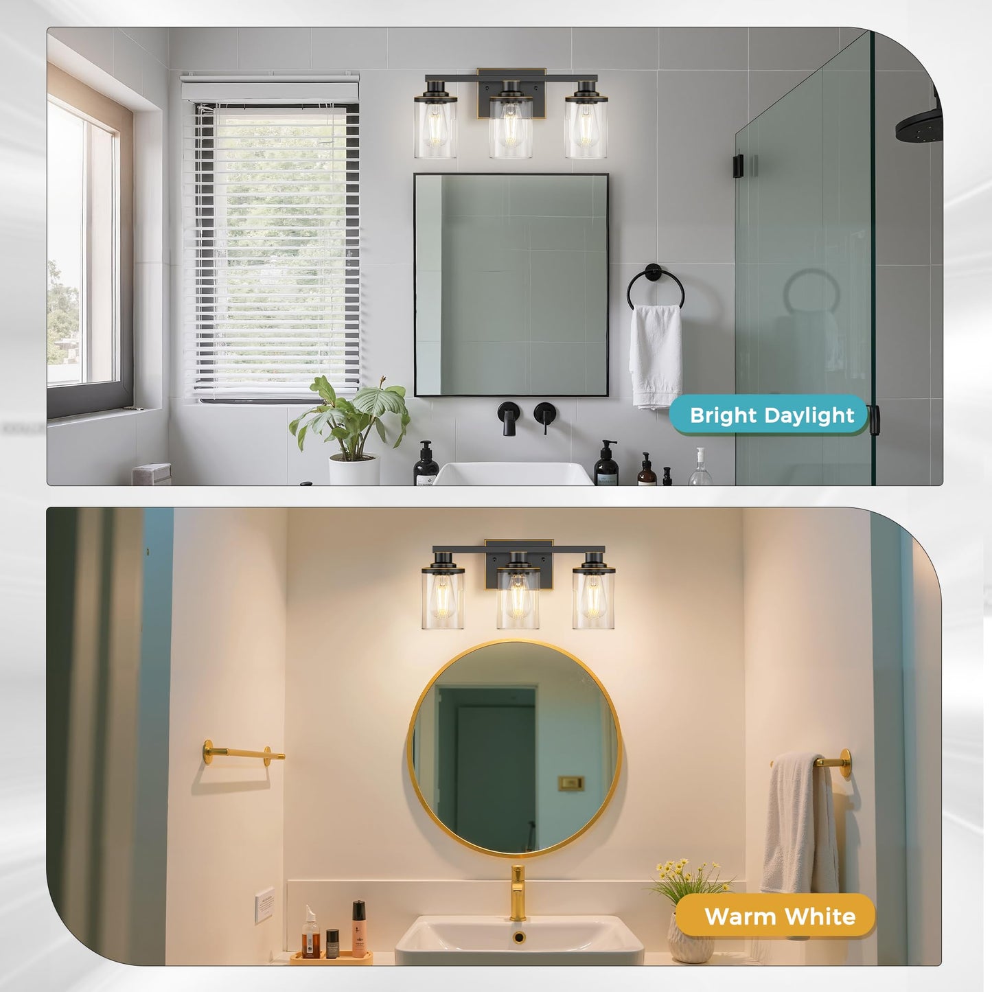 Doresshop 17 Inch Bathroom Light Fixtures  3-Light Black With Gold Trim Bathroom Lighting Fixtures Over Mirror With Clear Glass Shade  Vanity Lights For Living Room Bedroom