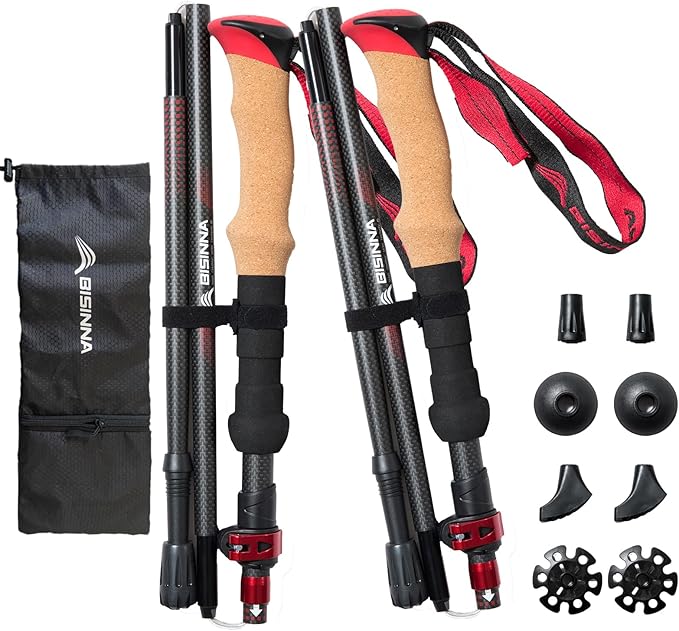 BISINNA Carbon Fiber Trekking Poles Collapsible Hiking Poles Lightweight Walking Sticks with Cork Handle Quick Lock for Wo...