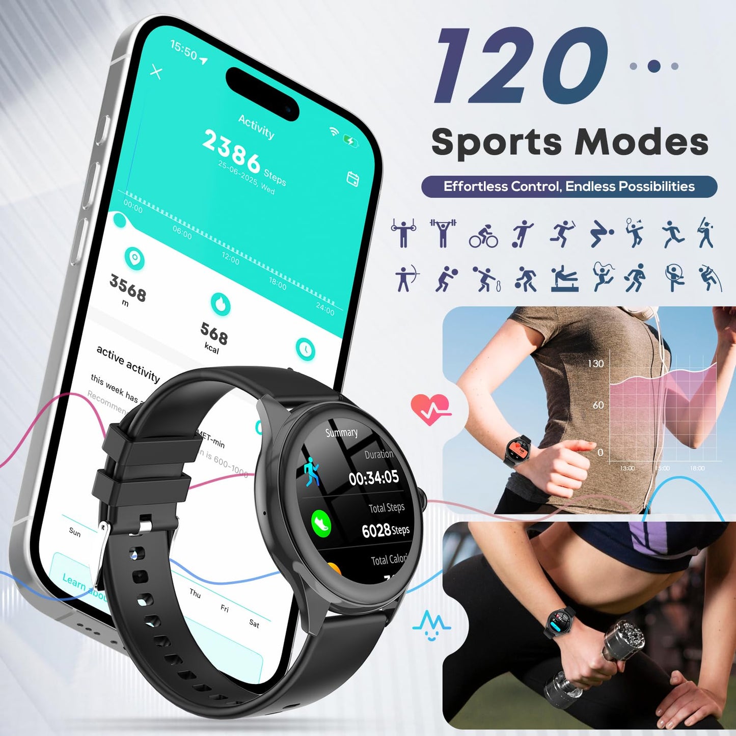 DIVOAZBVO Smart Watches for Women Men, 1.39" HD IPS Touchscreen Smartwatch with 120 Sports Modes, Heart Rate/Sleep Monitor, IP67 Waterproof, Bluetooth Call & Music Control for iPhone/Android (Black)