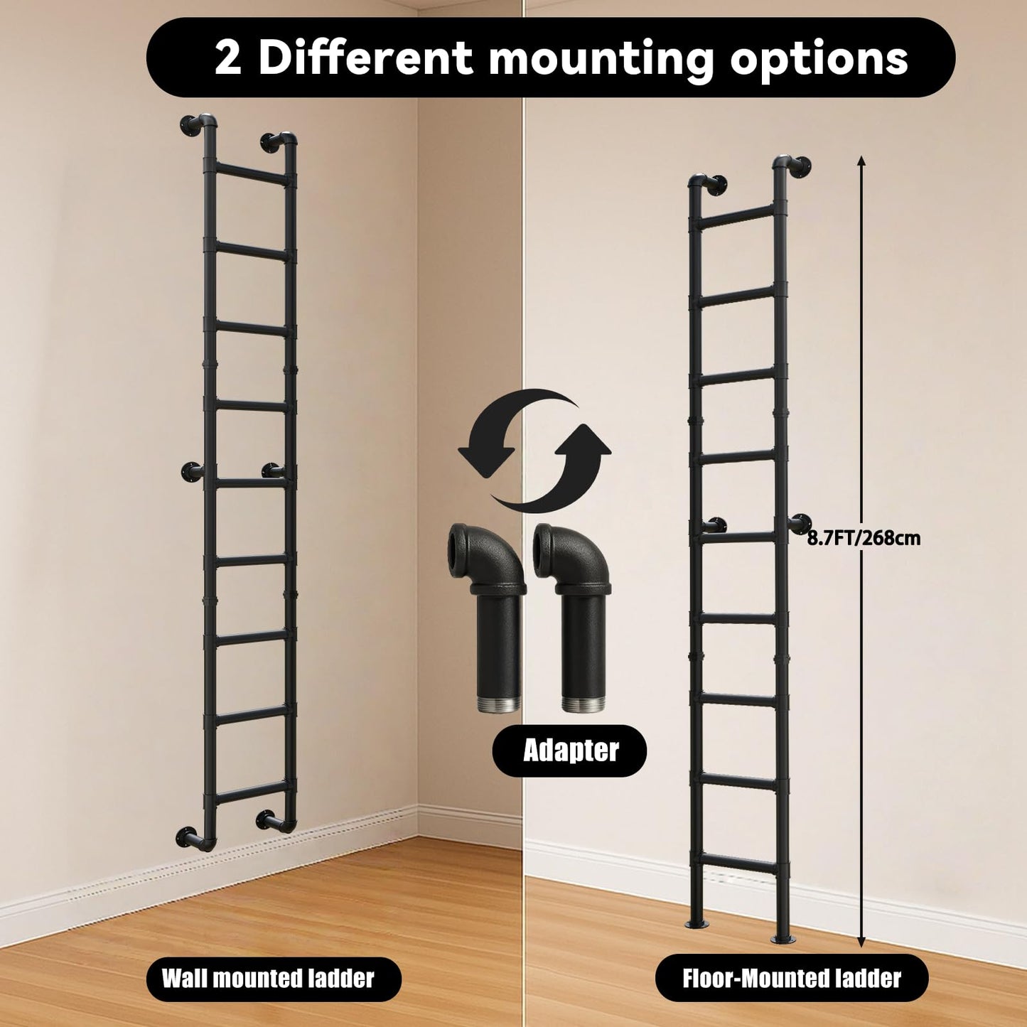 9FT Wall Mounted Ladder Heavy Duty 450lbs Capacity, 9-Step Steel Pipe Fire Escape Ladder for Egress Window & Basement, Industrial Wall/Floor-Mounted Loft