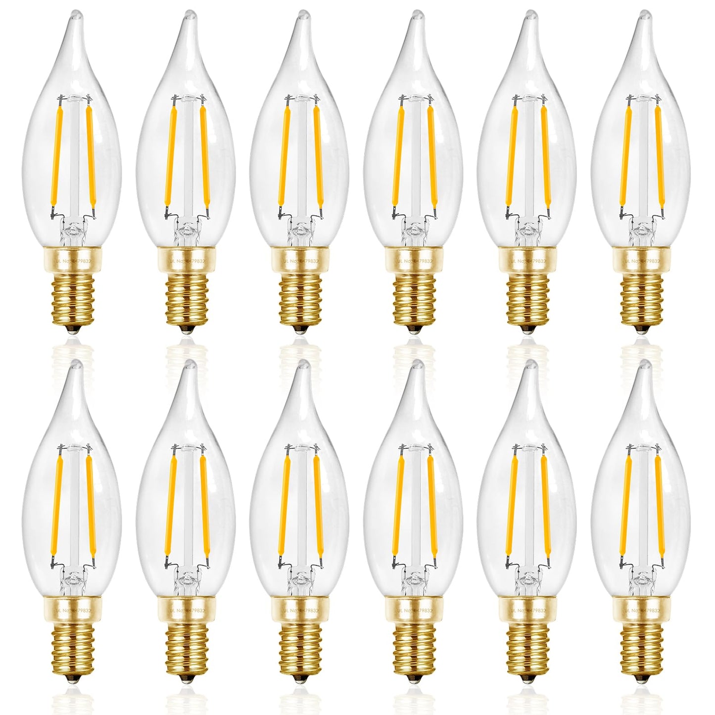 Hizashi 90+ Cri Dimmable E12 Led Candelabra Bulb 25W Equivalent, 2700K Soft Warm White, 12 Pack, Glass, Ca10 Flame