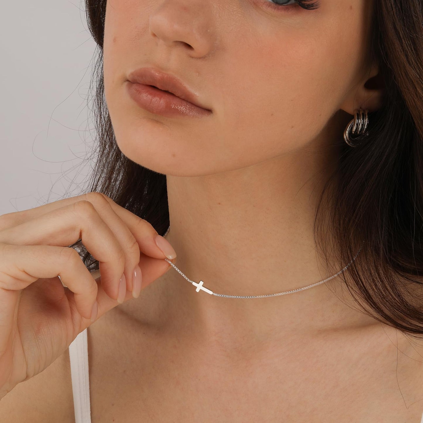 Bheop Cross Necklace for Women Trendy 925 Sterling Silver Plated Dainty Small Sideways Cross Pendant Choker Simple Cute Charm Sh