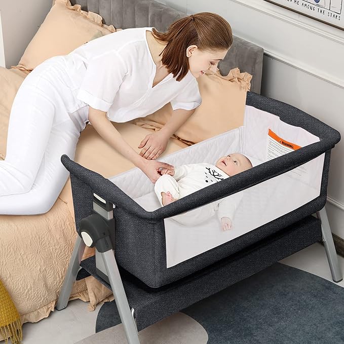 INFANS Baby Bassinet Bedside Crib, Newborn Sleeper w/Large Storage Basket, Adjustable Heights, Detachable &Washable Mattress, Breathable Mesh, Straps, Easy Moving Bed Side (Grey)