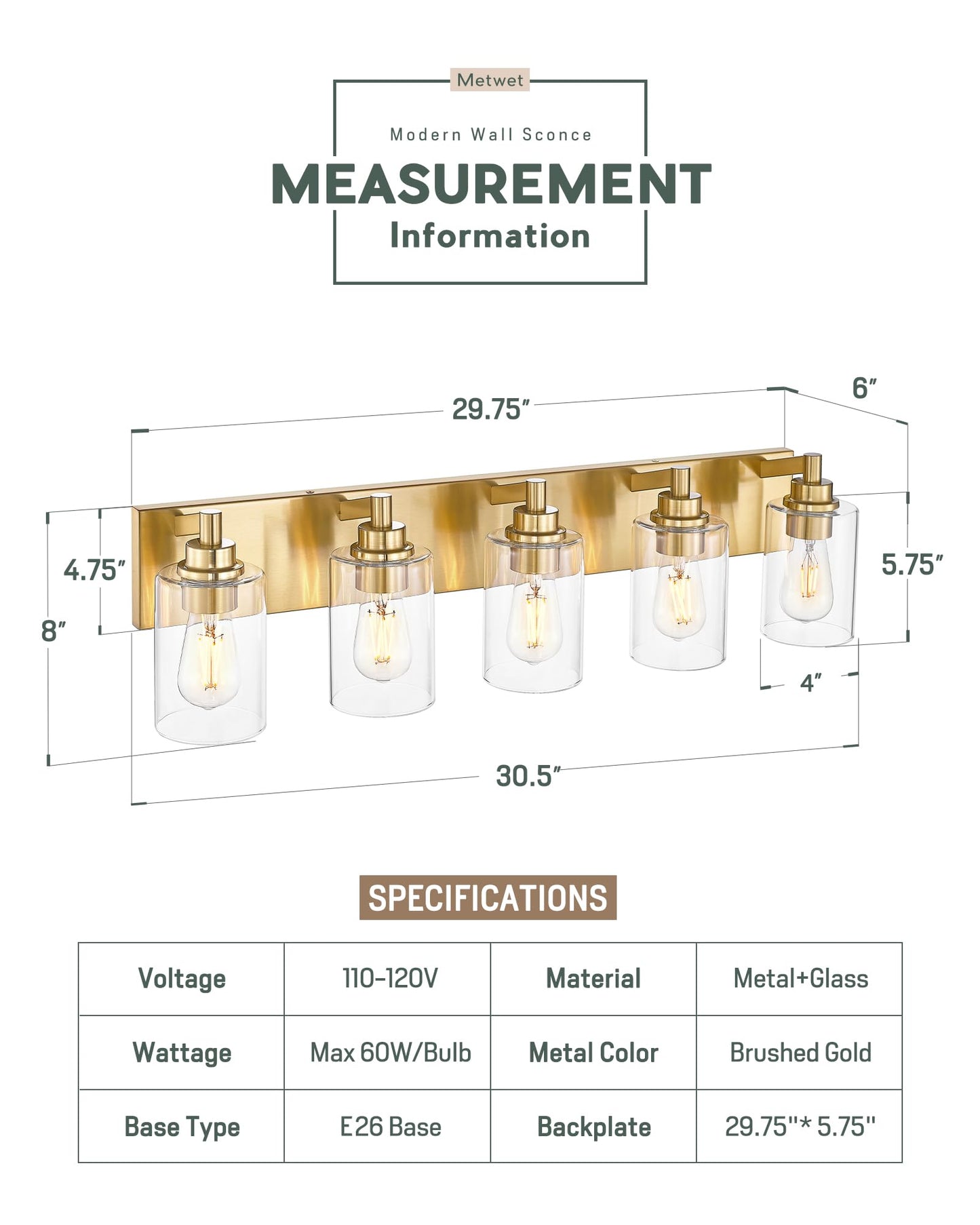 Metwet 5-Light Bathroom Light Fixtures  30 Inch Brushed Gold Vanity Light With Cylinder Clear Glass Shade  Modern Vanity Lighting Fixtures Over Mirror  Vl143-Bg-5