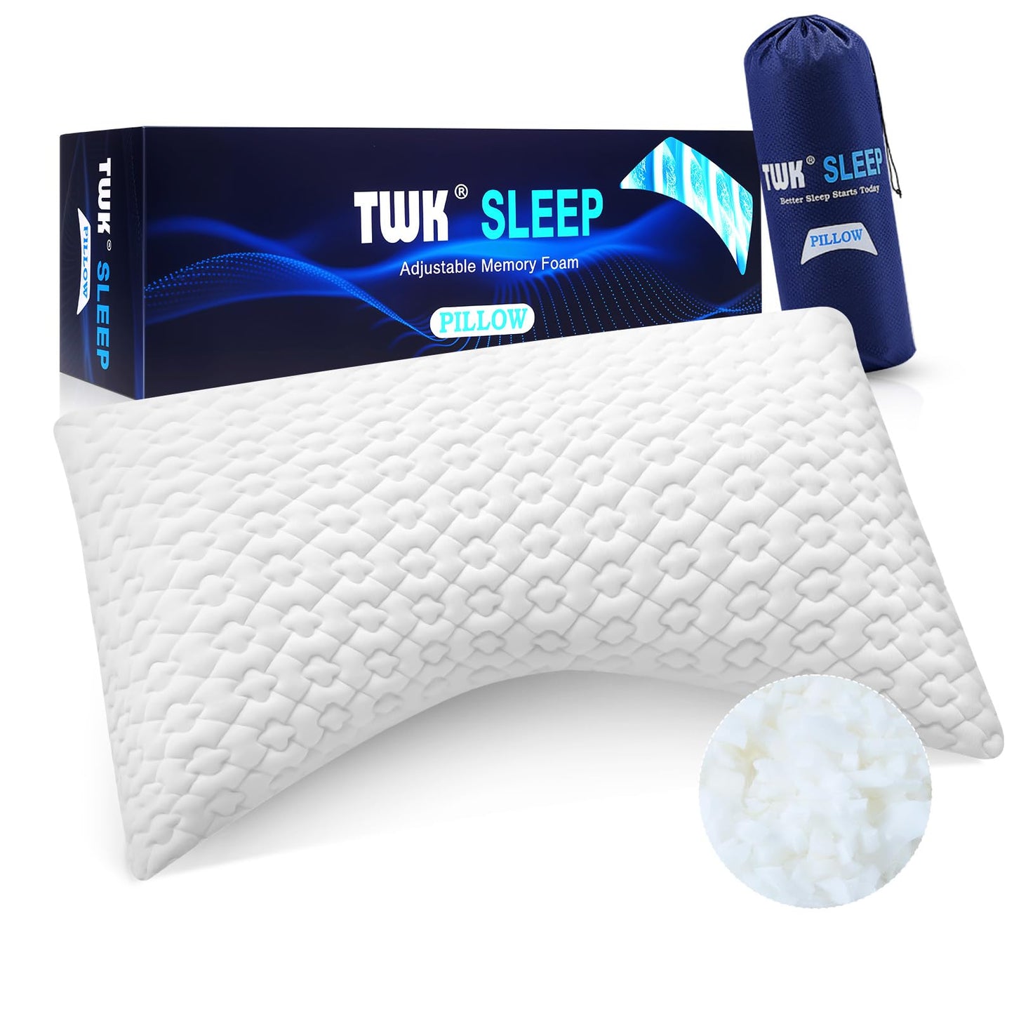 TWK Original Adjustable Bed Pillow for Sleeping, Good for Side, Back & Stomach Sleeper with Washable Removable Cover, Additional Foam Fill Included (White, Queen(1 Pack)-20.5"*30.5")