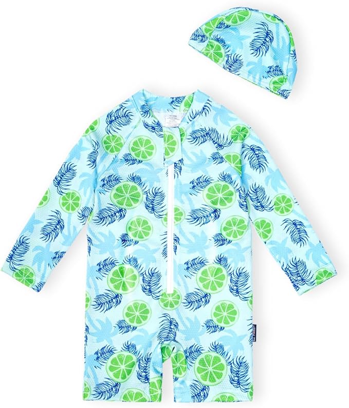 EZ Moms Baby Boy Swimsuit UPF 50+ Long-Sleeve One Piece Zipper Toddler Bathing Suit Baby Beach Wear Sunsuit with a Swim Cap