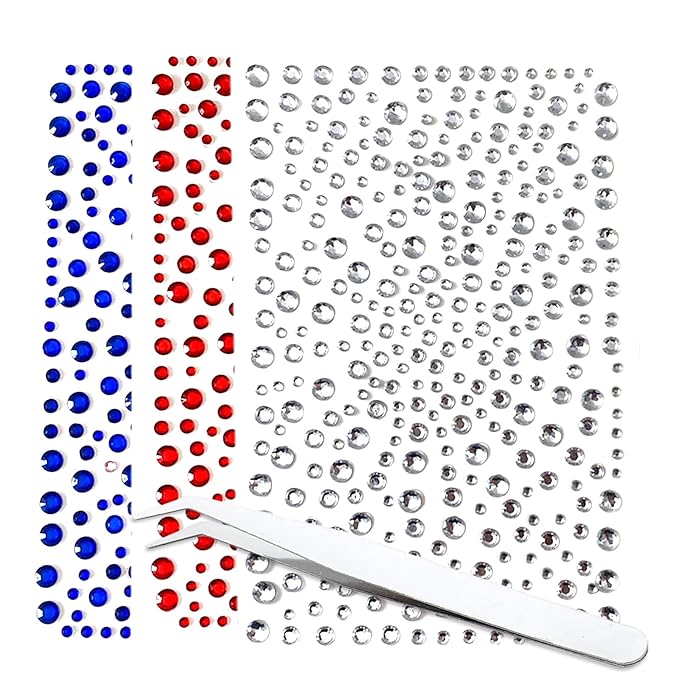 4th of July Face Gems with Tweezers Red White and Blue Tattoos Accessories Self-Adhesive Jewels Stickers for Women Girls 4...