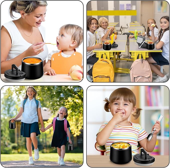 Soup Thermo for Hot Food Kids 14oz Lunch Containers with Buckle Lid Wide Mouth Hot Food Jar Vacuum Insulated Stainless Steel Bento Box Leakproof with Spoon(Black)