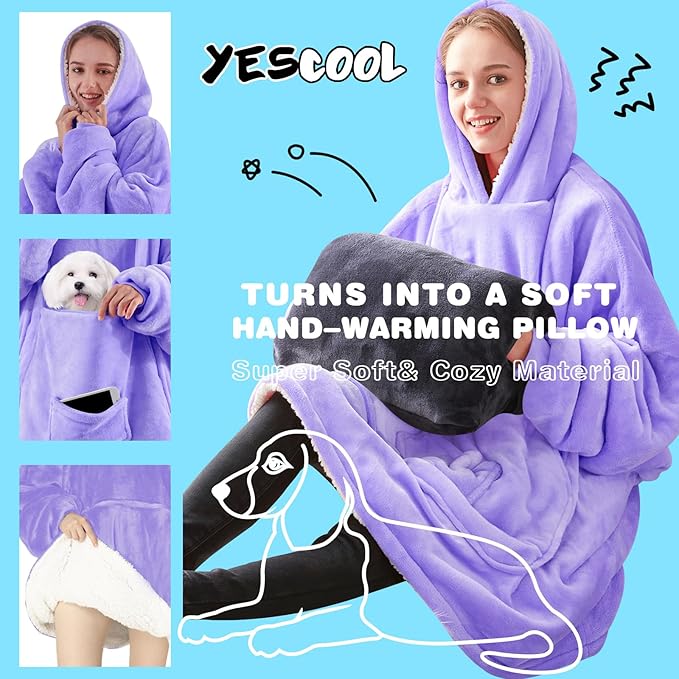yescool Wearable Blanket Hoodie, Flannel Sherpa Fleece Blanket Sweatshirt for Adults Women Men,One Size Fits All