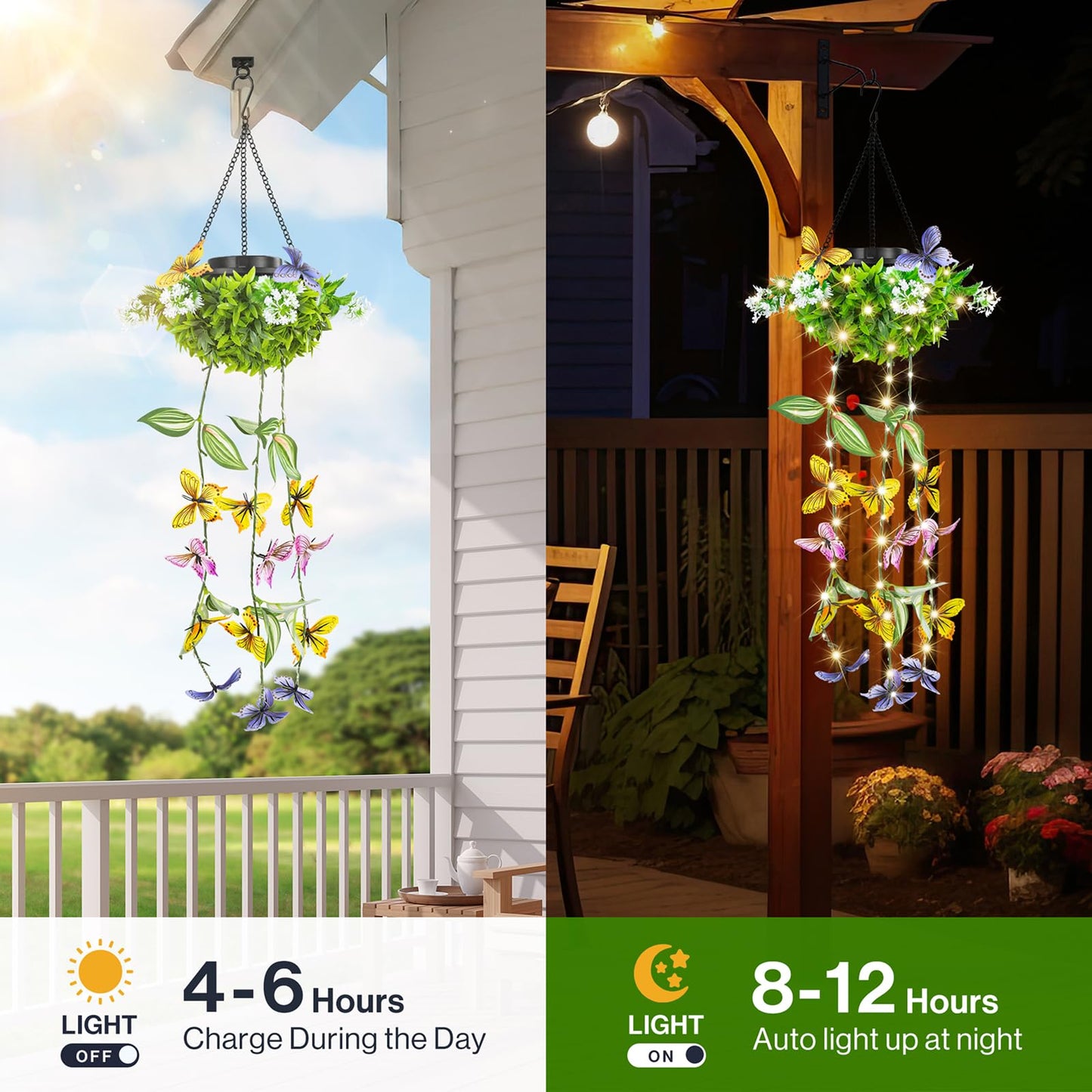 Solar Hanging Garden Lights - 2 Pack  Artificial Butterfly & Flower Led Fairy String Lights  Ip65 Waterproof Outdoor Festive Decor For Patio  Porch  Garden  Yard  Warm Gift For Mom  Family & Friends