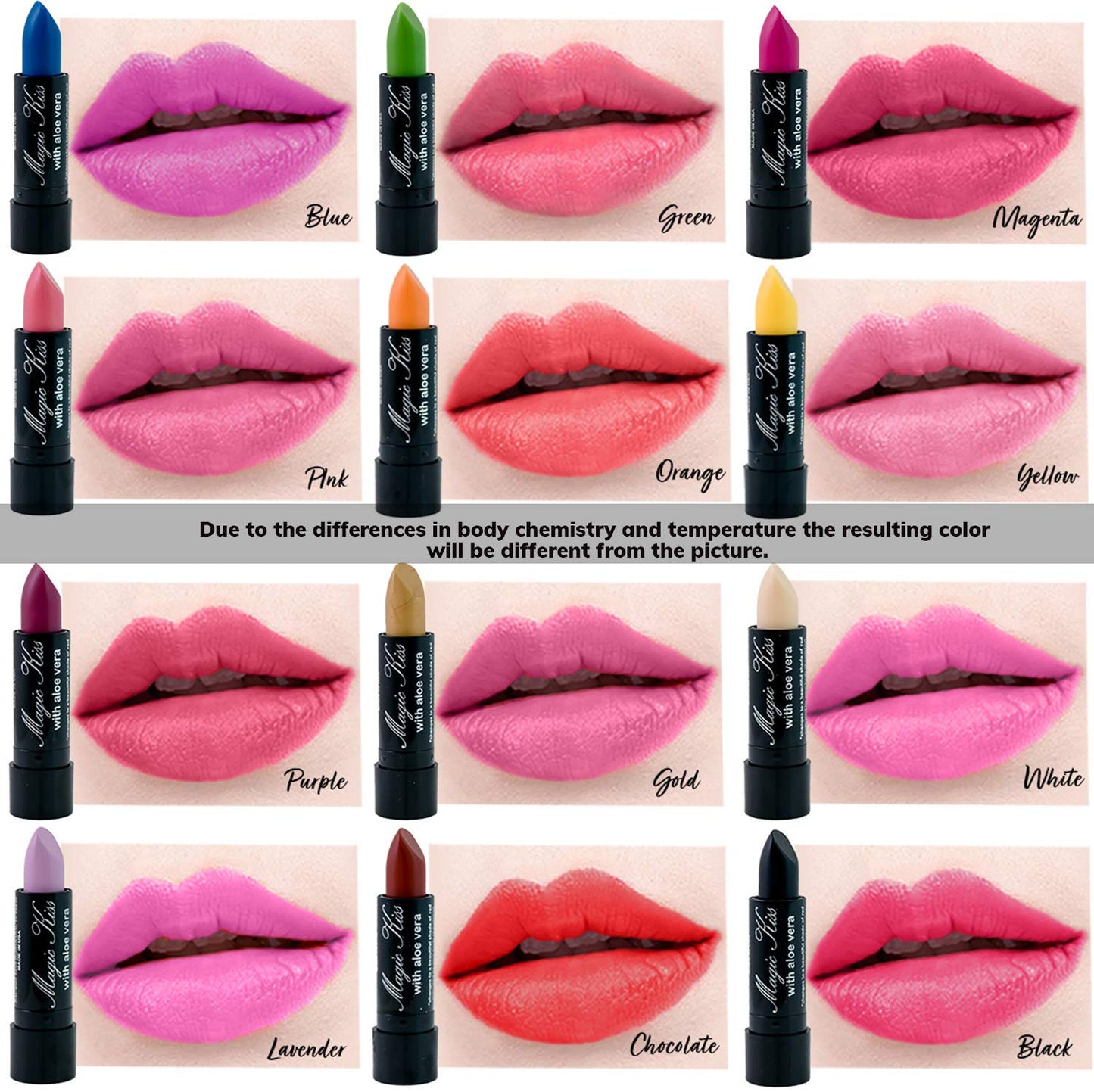 Magic Kiss Pack of 12 Color Changing Aloe Vera Lipstick set, MADE IN USA (Lavender)