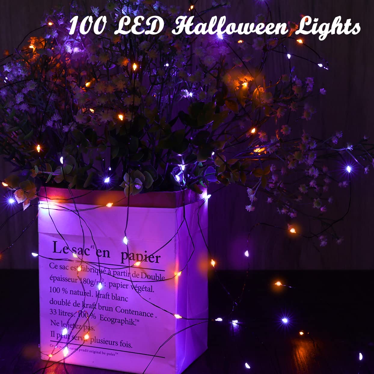 Lomotech Halloween Solar Lights 2 Pack, 66Ft 200Led Waterproof Twinkle Lights, Purple & Orange, 8 Modes For Outdoor Decoration