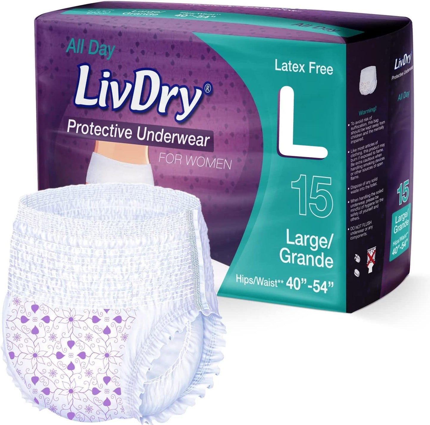 Livdry L Adult Diapers Women Overnight, Ultimate Max Absorbency, All Day or Night Protection, Large (15 Count)