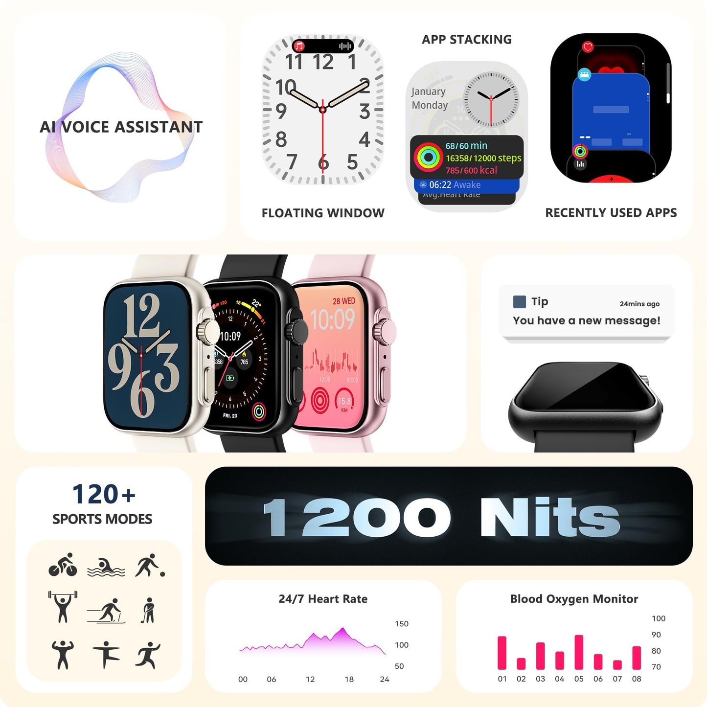 Smart Watch for Men Women, Bluetooth Call, 120+Sports Modes Fitness Tracker, Sleep Tracking, Step & Calorie Counter, IP68 Water Resistant Smartwatchs for Android iPhone, lightweight Casual Beige