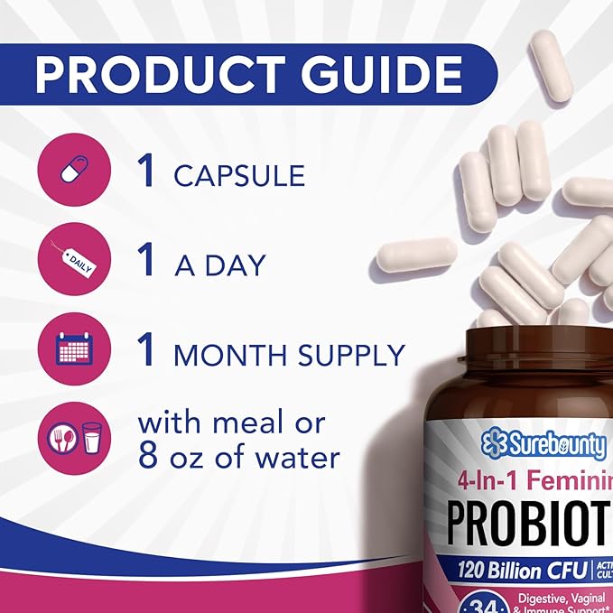 Probiotics for Women, 120 Billion CFU 34 Strains, Prebiotics, Digestive Enzymes, Cranberry, 4-in-1 Feminine Probiotic, Digestive, Vaginal, Immune Support, 60ct (Pack of 2)