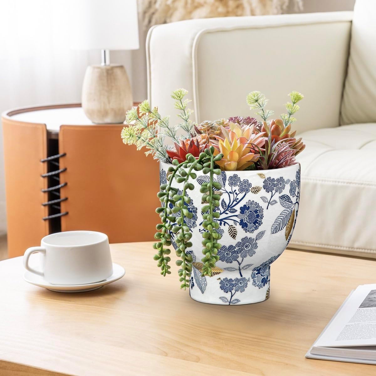 7.6/5.5 Inch Decorative Flower Pots, Blue and White Plant Pot Gold Accent Ceramic Planters for Indoor Plants Pots with Drainage Retro Planter Pot for Succulents Cactus Herb Snake Plants Outdoor Garden