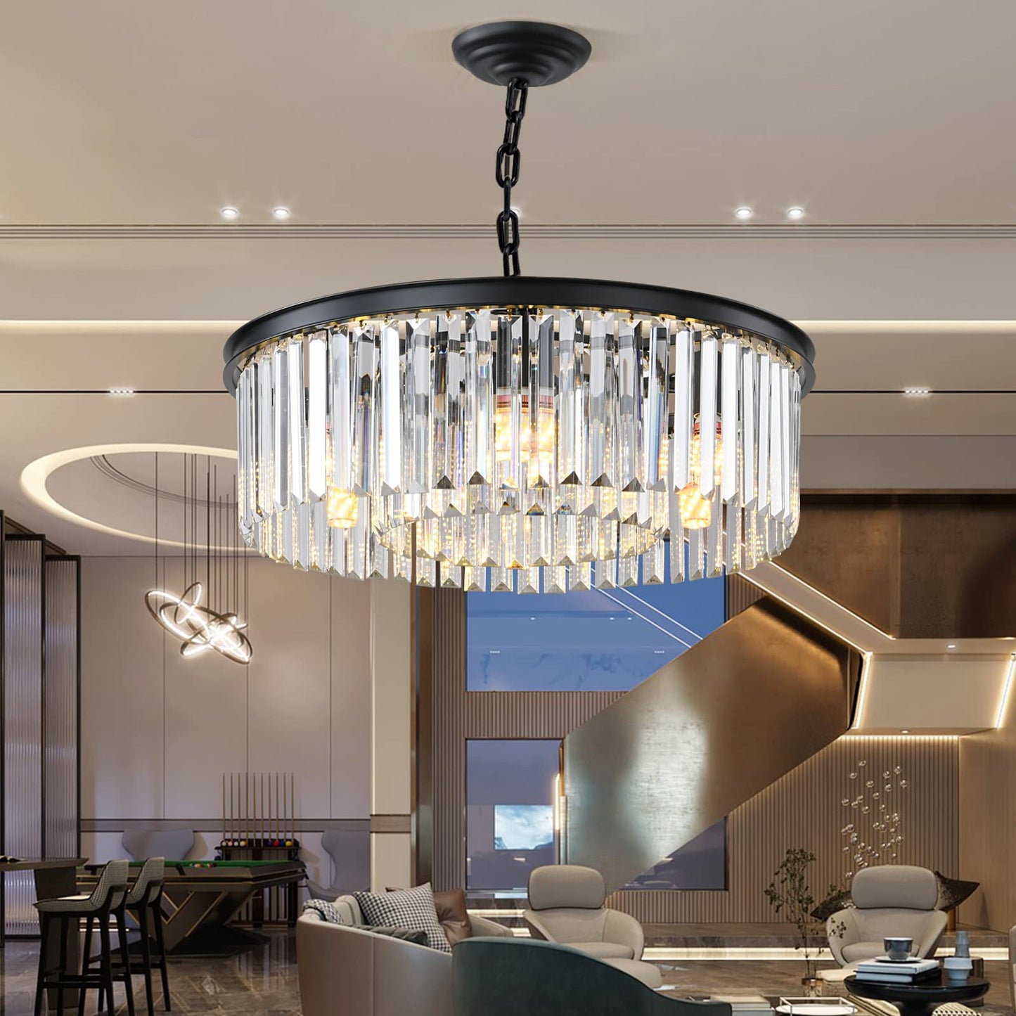 Laiuetai Black Modern Crystal Chandelier  2-Tier Round Flush Mount Ceiling Light Fixtures Height Adjustable Pendant Lighting For Dining Room Living Room Bedroom Kitchen Hotel Foyer