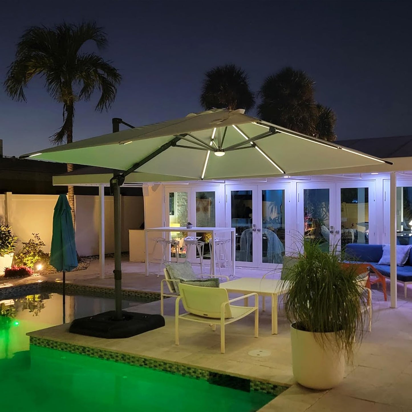 PURPLE LEAF 10 Feet Patio Umbrella Outdoor Cantilever Solar Powered LED Square Umbrella Aluminum Offset Umbrella with 360-degree Rotation for Garden Deck Pool Patio, Beige