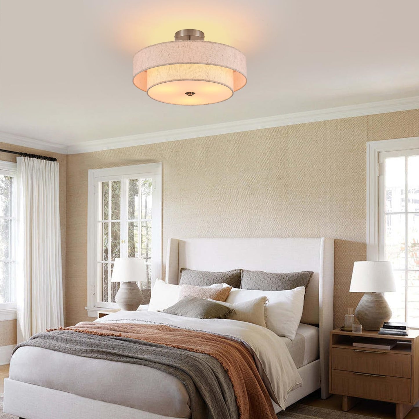 Widluth 18 Semi Flush Mount Ceiling Light 3-Light Modern Linen Drum Ceiling Lighting With Chrome Finish  Vintage Ceiling Light For Living Room  Kitchen  Basement  Laundry Room  Bedroom