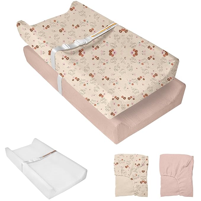 Muslin Baby Changing Pad, 2 Pack Muslin Soft Cotton Covers & Waterproof Lining Foam Diaper Changing Table Pad 32" x 16.6" Mat for Dressers