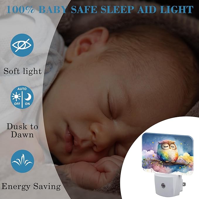 Cute Watercolor Sleeping Owl Night Light for Kids Girls Boys, Cartoon Owl LED Night Light Plug into Wall with Dusk to Dawn Sensor for Bedroom, Hallway, Kitchen, Bathroom, Stairs Decor