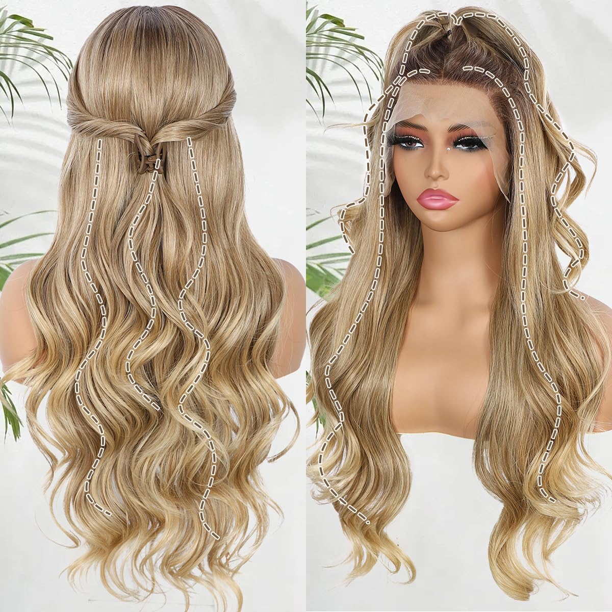BABEHERS Blonde Lace Front Wig for Women 13x4 Body Wave Synthetic Wigs Omber Highlight Pre-plucked Long Wavy 150% Density Natura
