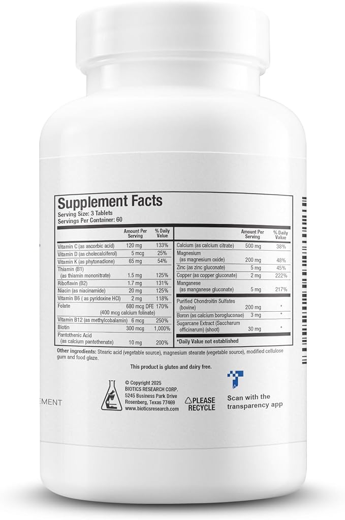 Biotics Research Osteo B Plus Optimal Bone Health Support with Vitamin K, Mg, Ca, Healthy Aging, Purified Chondroitin Sulfates 180 Tablets