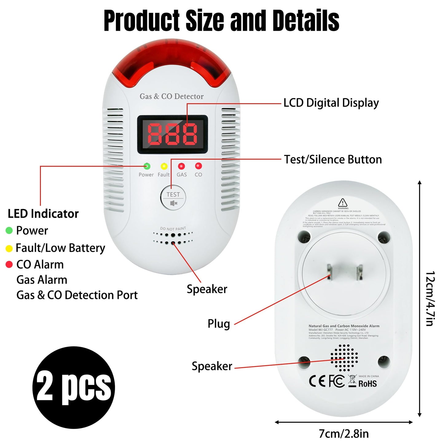 GQIRIL Gas and Carbon Monoxide Detector - Natural Gas Leak and Smoke CO Detector Portable Plug in, 2-in-1 Carbon-Monoxide Combination Alarm with Light - Natural for Home Kitchen Car RV Travel Garage