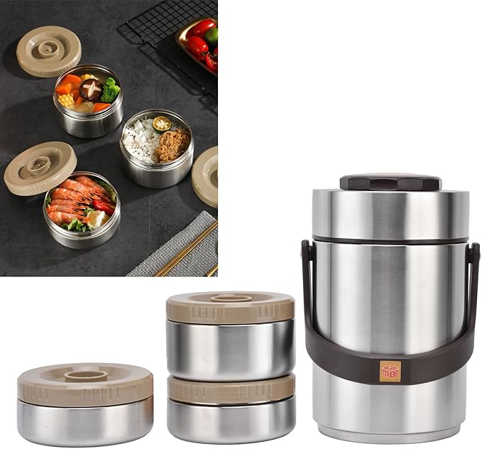 Yosoo for Hot food Wide Mouth Lunch Box, 2000ml 3-Layer Stackable Insulated Food Container Reusable Leak Proof Soup Food Jar for Warm/Cool Food Daily Office Travel Picnic Outdoor Meals(Silver)