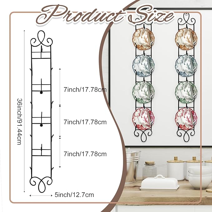 Blulu 2 Pcs 36'' x 5'' Tea Cup and Saucer Display Stand 4 Tiers Vertical Wall Mounted Cups Plate Holder Wall Plate Hangers Decorative Brackets for China Coffee Mug Gifts Thanksgiving Christmas (Black)