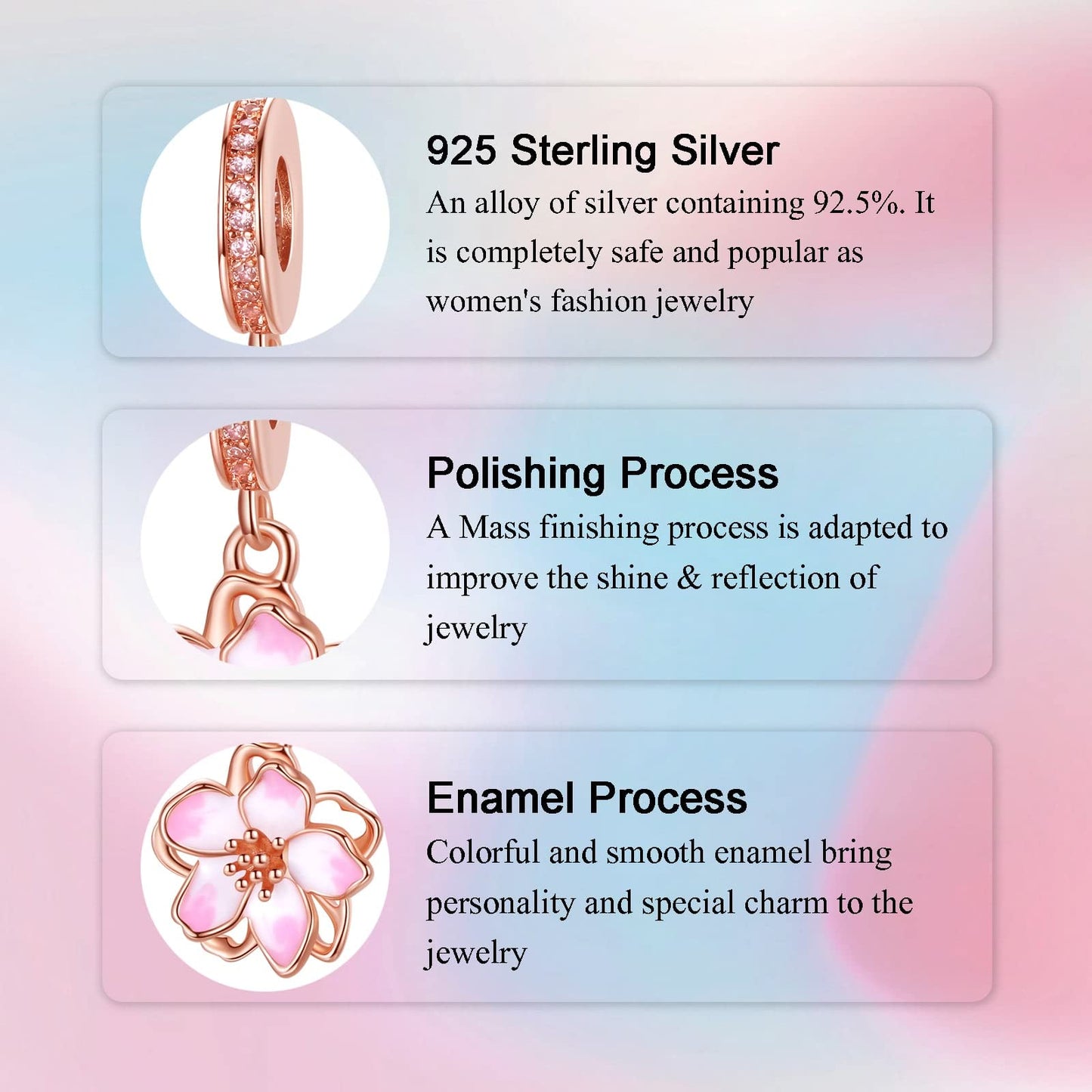 Alstade Cherry Blossom Dangle Charm 925 Sterling Silver Charms fits Bracelets and Necklace Pendant Bead Charms Jewelry Present f