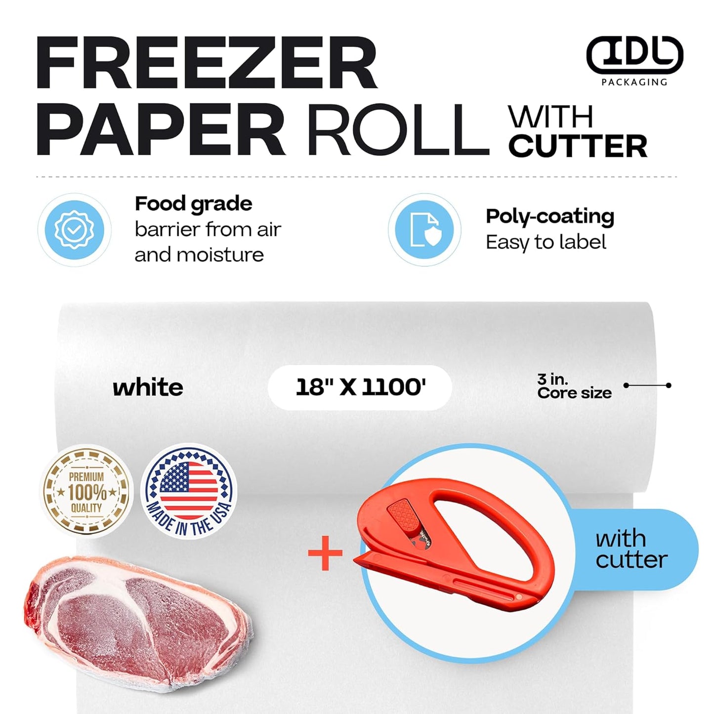 White Freezer Paper 18" x 13200" (1100 feet) with Cutter - USA-made Large Freezer Paper Roll for Meat & Fish - Poly-Coated Food Wrapping Material for Freezing by IDL Packaging