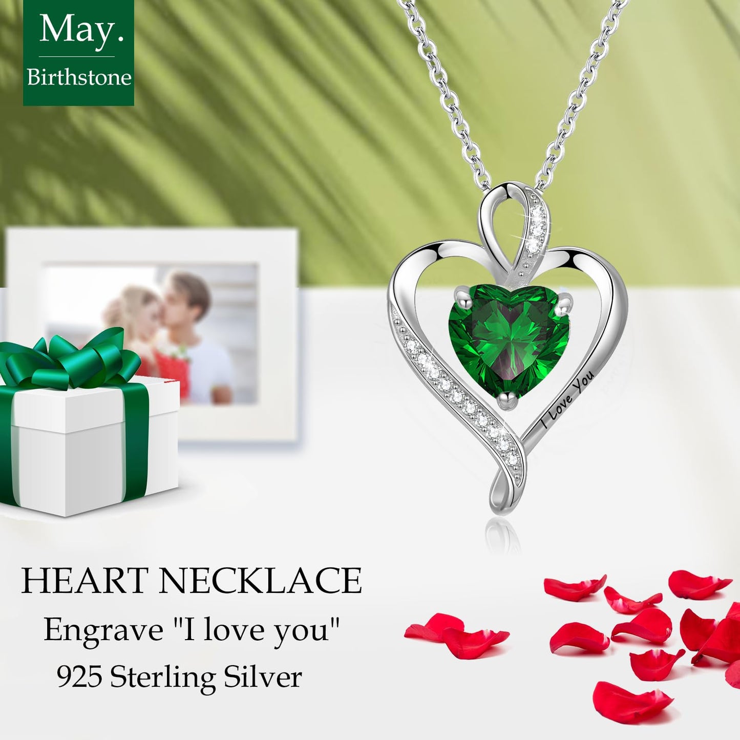 LAVUMO Heart Necklace for Women - I Love You 925 Sterling Silver Heart Birthstone Necklace, Jewelry Gift Box Set, Anniversary Bi