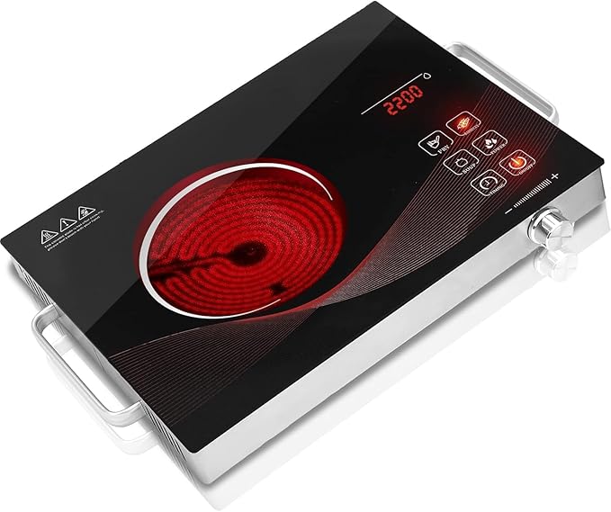 Electric Hot Plate Single Burner for Cooking, Portable Countertop Free Standing Stove Single Burner, 2200 watts Glass Ceramic Cooktop with Timer…