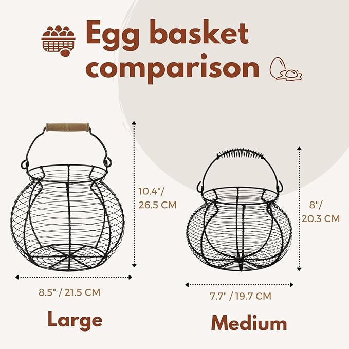 Flexzion Chicken Egg Basket Wire Egg Holder with Wooden Handles for Egg, Fruits, Vegetables Storage, Display Metal Mesh, Basket Holder Countertop for Farmhouse Rustic Kitchen Counter Organizer, Black