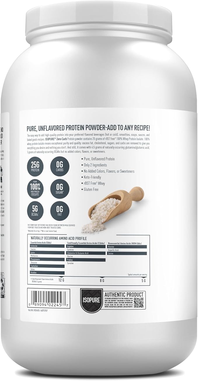 Isopure Zero Carb 100% Pure Whey Isolate Protein Powder, Lactose Free, Gluten Free, With Vitamins, Unflavored, 25g Protein Per Serving, 3 Lbs, 47 Servings (Packaging May Vary)